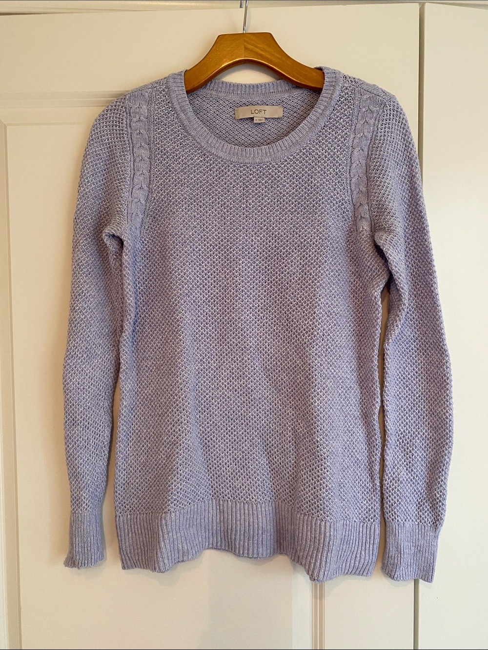 LOFT Light Lavender Crewneck Sweater with Cable-Trim Shoulders